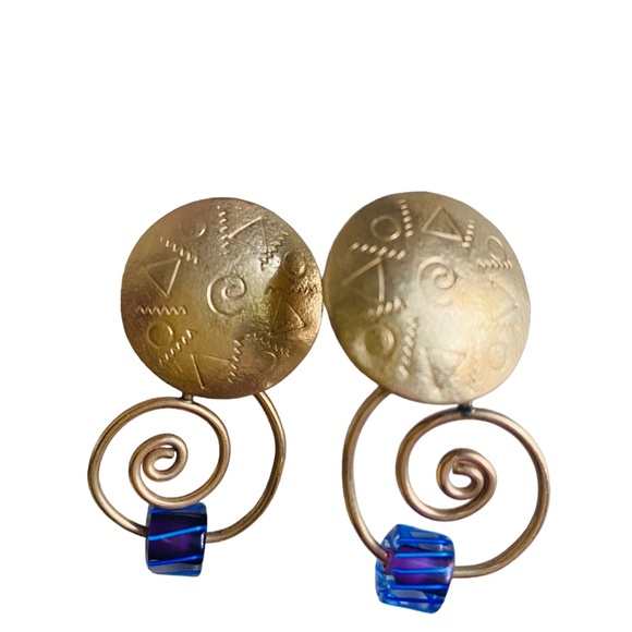 Barbara Sucherman 14 KT Gold Plated Sterling Silver Blue Glass 80 Earrings Rare - Picture 4 of 6